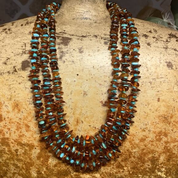 Mine Finds by Jay King Jewelry - Jay King Necklace Sterling Silver, Amber & Turquoise 3 Strand Graduating by DTR